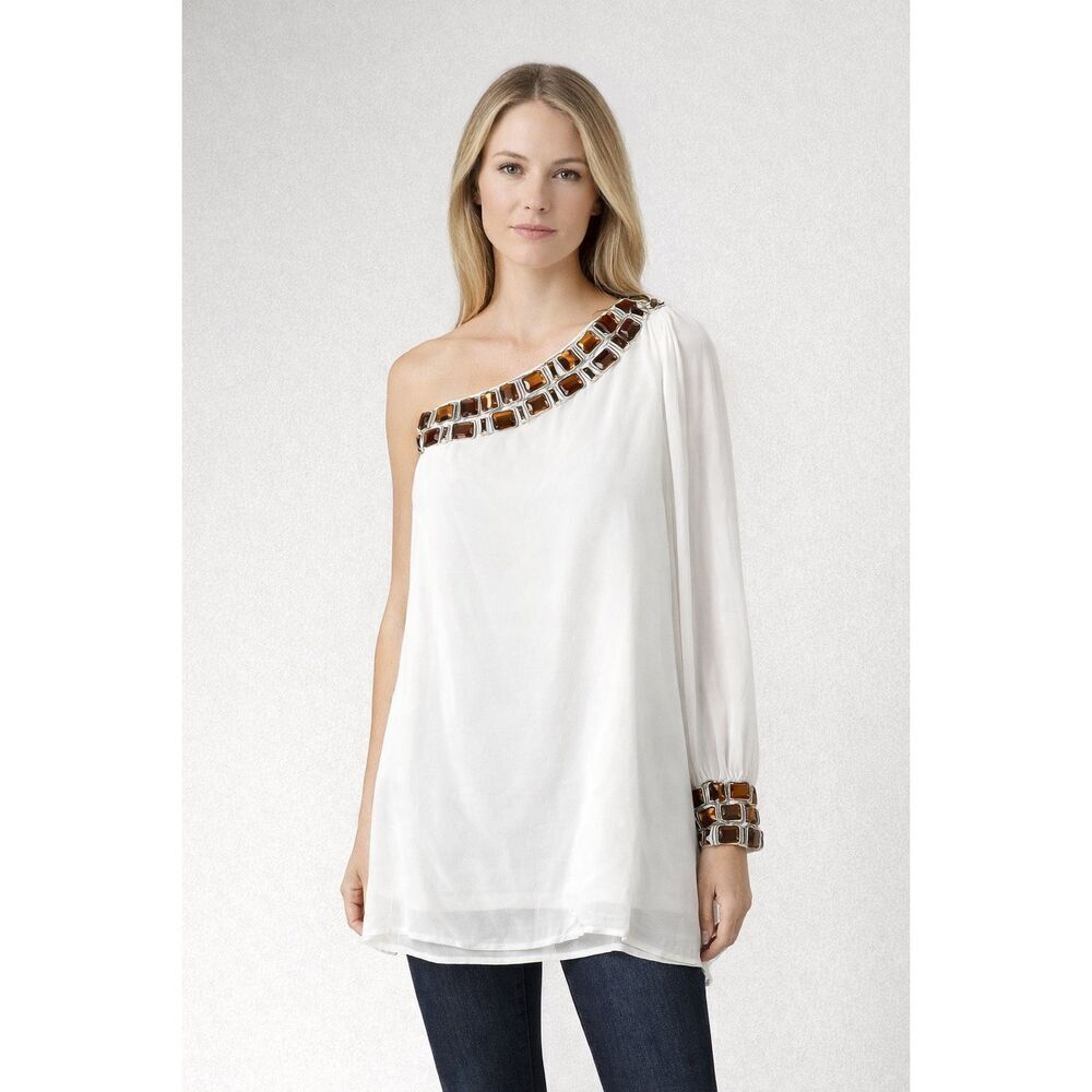 Floyd Smith White One Shoulder Embellished Blouse Size 12